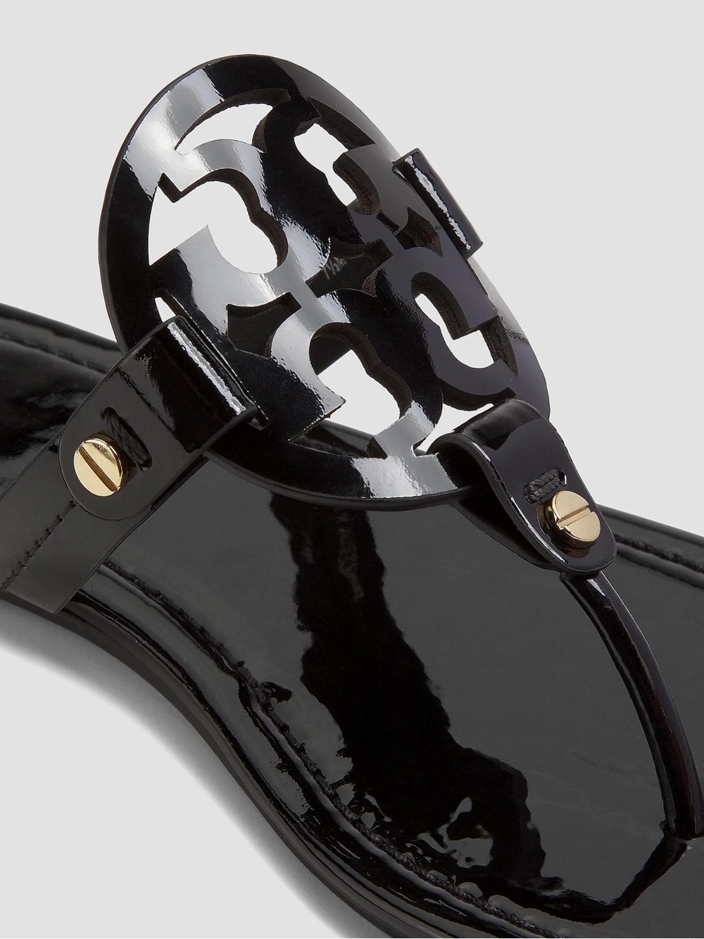 Tory Burch Black Patent Miller Logo Thong Sandal with Gold Accents